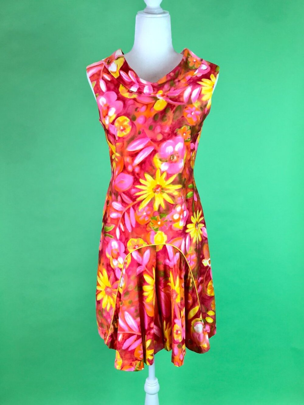 Vintage 60s Pink Yellow Floral Drop Waist Skort Romper Size Small